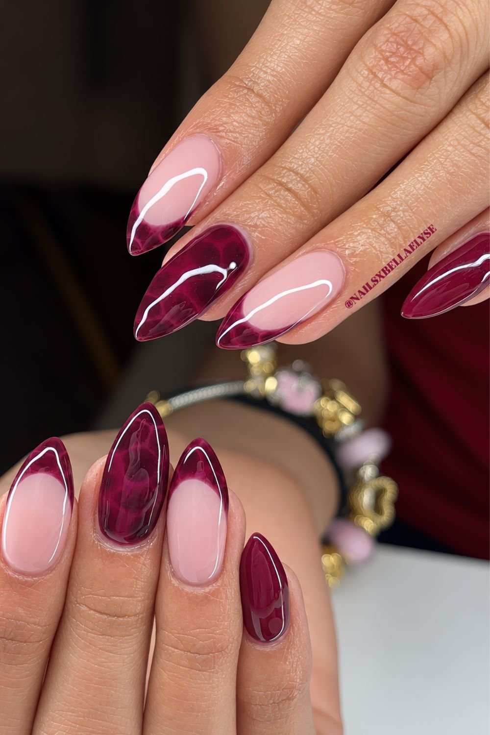 Red tortoiseshell nails with French tip accents