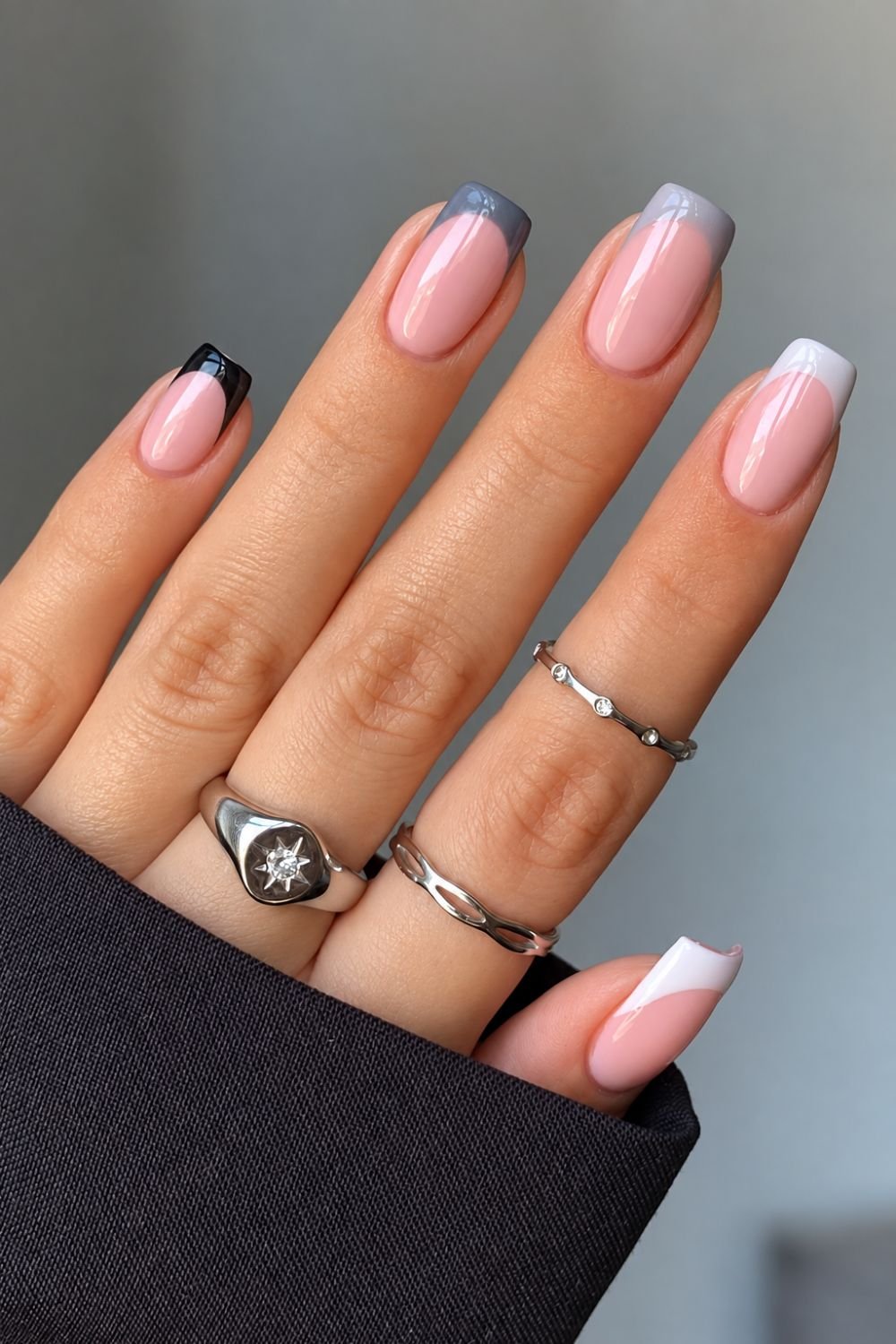 Squoval-shaped gray gradient French nails