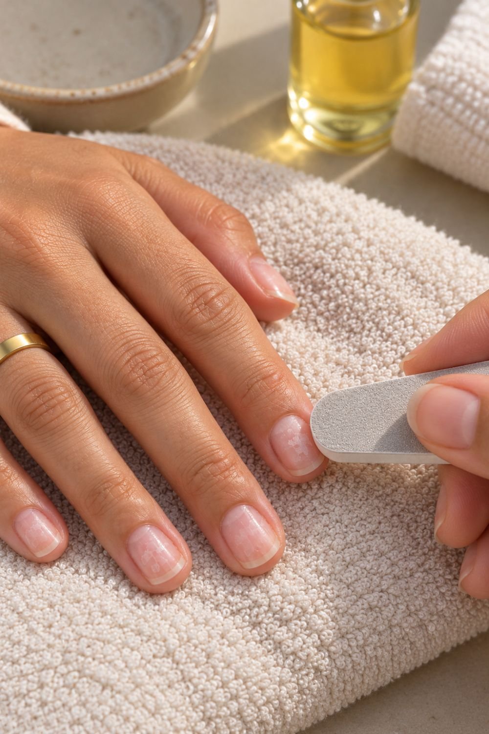 Gentle Nail Buffing on a Cosy Towel